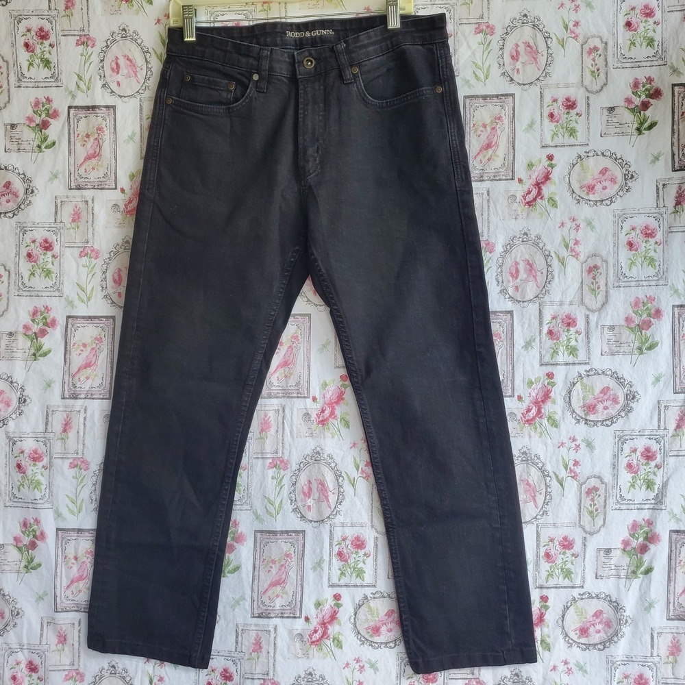 Rodd & Gunn Mens Black Denim Jeans 33L Straight Leg Casual Pants Leather Trim